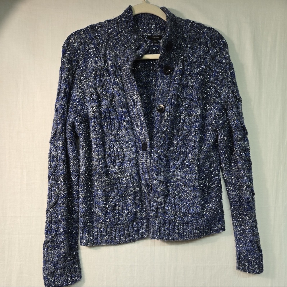 Talbots Sweater Women's M Blue Metallic Button Up Wool Blend Mock Neck Pockets